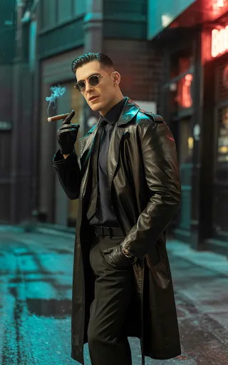 Sleek leather trench, gloves, cigar prop