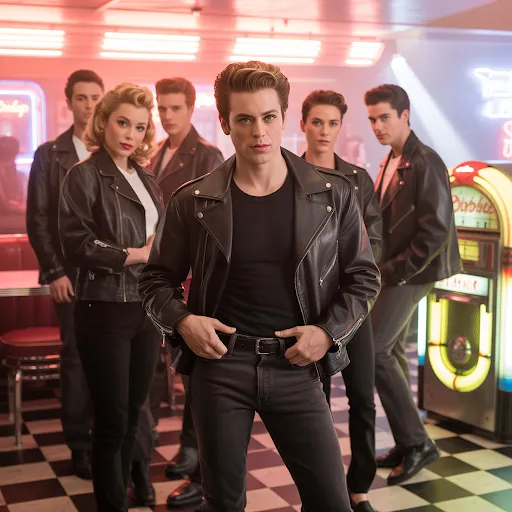 Slicked hair, black tee, tight jeans, leather jacket mens.