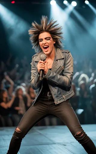 Studded leather jacket, fake mic, stage presence.