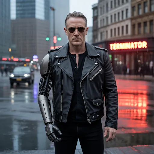 Sunglasses, black leather biker jacket, metal arm prop