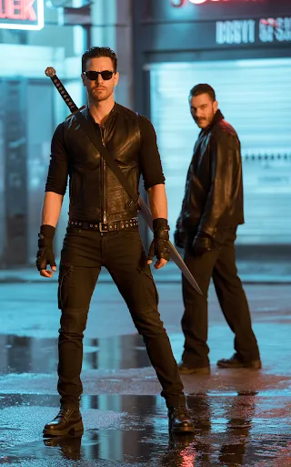 Tactical leather vest, sunglasses, sword prop