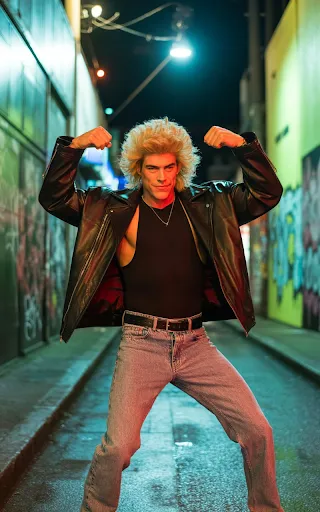 Think Van Damme, tight leather, mullet wig.