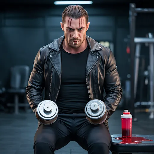 Tight black leather, dumbbells.