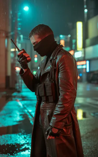 Torn leather coat, face mask, utility belt