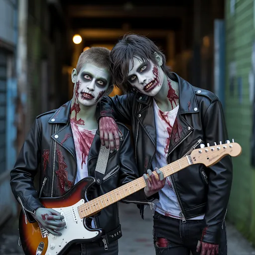 Torn leather, fake blood, undead smirk.