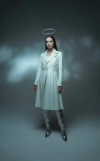 White leather coat, silver accents.