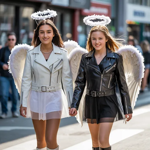 White or black leather, wings, halo.
