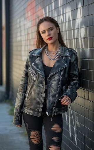 Women’s leather jacket, bold lip, chains.