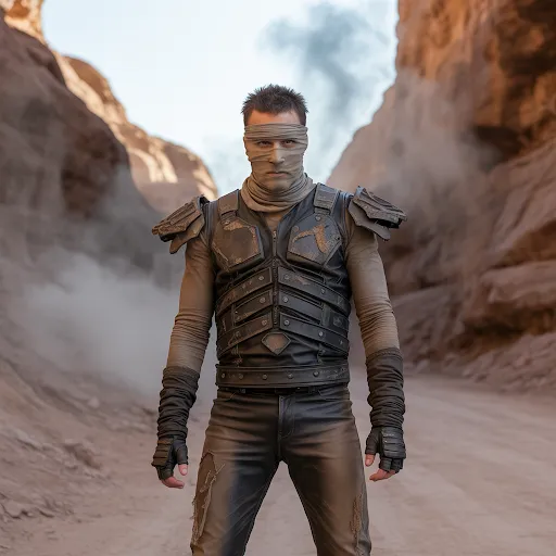 Worn out leather armor, rugged vibe, optional dirt