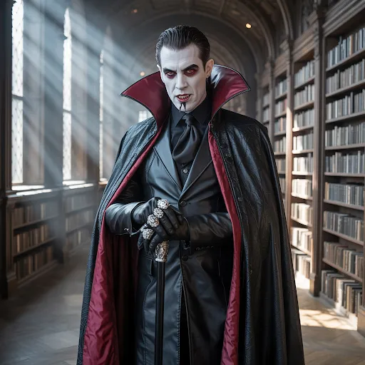 jacket with Cape, fangs, pale makeup